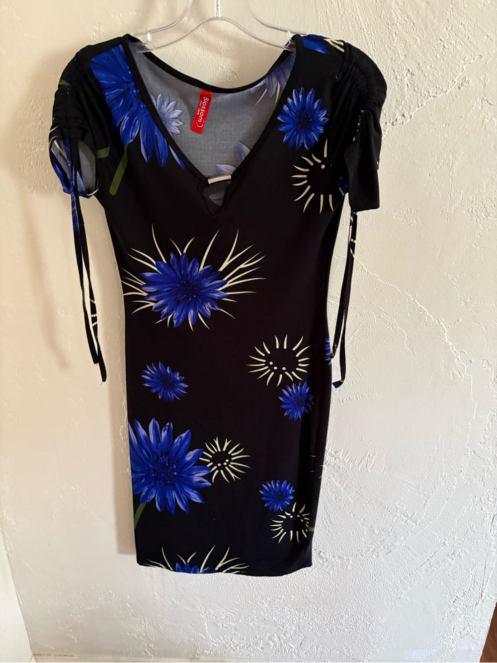 Blue Floral V-Neck Bodycon Dress